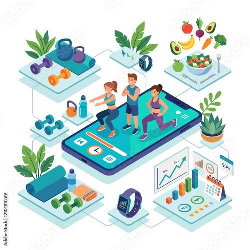Online Fitness App: People Exercising, Healthy Food, Progress Tracking