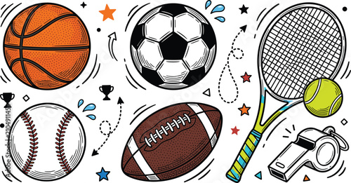 Obraz na plátně Sports equipment doodle set with basketball soccer football baseball ball tennis
