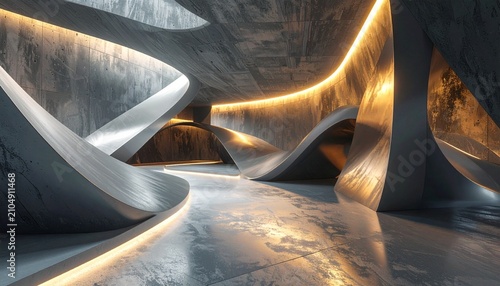 Low-angle perspective of sweeping metallic ribbons with dramatic lighting and concrete texture