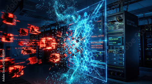 Glowing digital firewall shield shattering red data blocks in a server room representing cybersecurity, threat neutralization, and network protection.