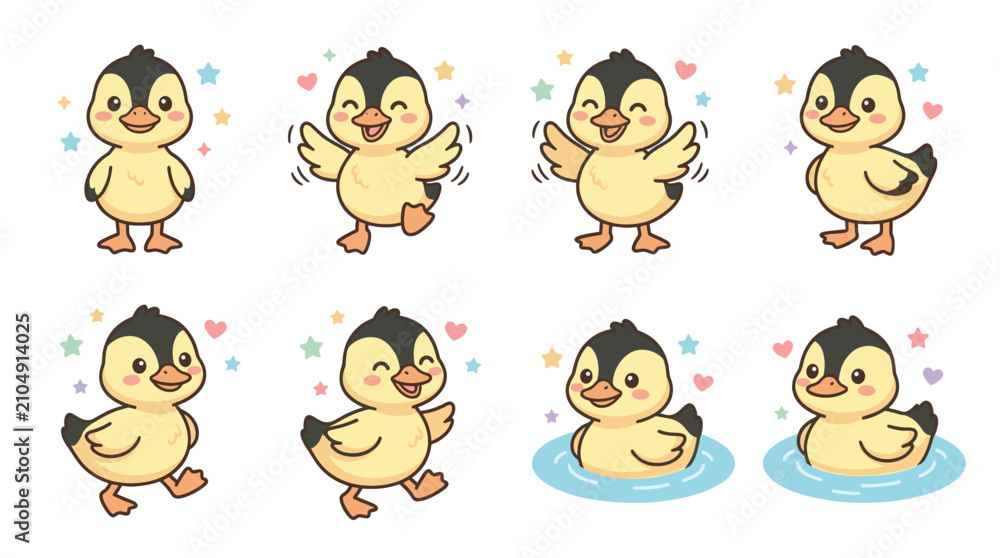 Fototapeta premium Yellow duckling baby bird sticker collection