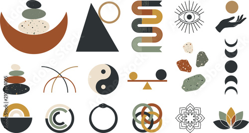 Fotografie Set of abstract zen balance and boho mystical elements featuring stacked stones