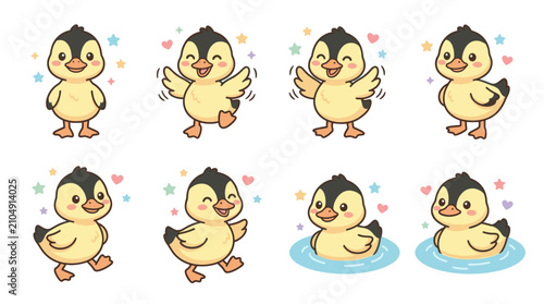 Cuadro en lienzo Yellow duckling baby bird sticker collection