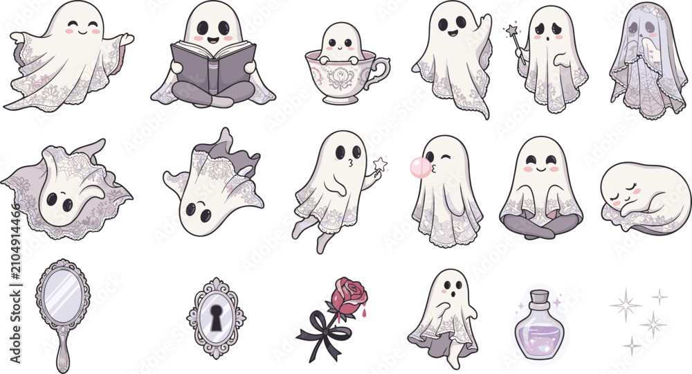 Fototapeta premium Cute pastel gothic ghost vector character set with lace sheets mirror keyhole rose potion bottle and stars isolated on white background