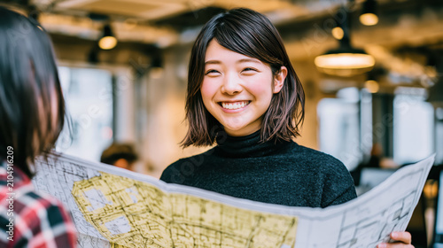 Smiling Japanese woman holding construction plan in office, professional meeting about project