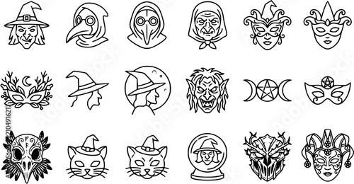 фотографія Halloween, Witchcraft  Occult Line Art Icons: Fantasy Characters, Masks, and Mys