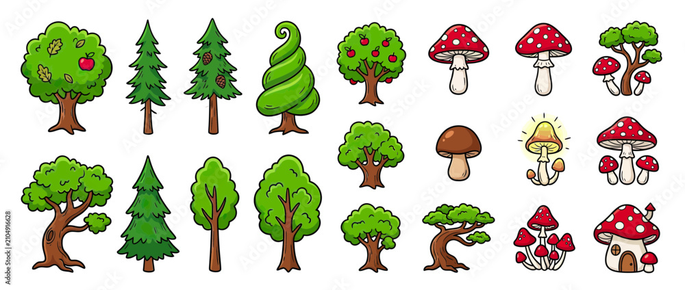 Fototapeta premium Whimsical Forest Elements: Trees and Fungi Collection