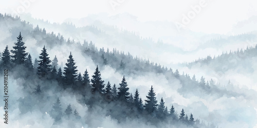 Blue Watercolor Misty Pine Forest in Foggy Mountain Landscape