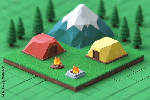 selective focus isometric camping site with tents campfire and mountain backdrop