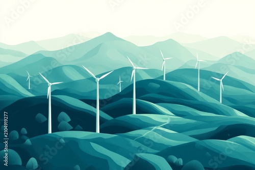 selective focus detailed isometric wind energy farm with rotating turbines rolling hills and service roads