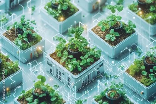 selective focus detailed isometric vertical agriculture complex with growing racks water systems and vegetables