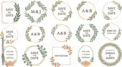 Elegant wedding save the date geometric frames and botanical wreaths collection set with green leaves flowers isolated on white background vector illustration