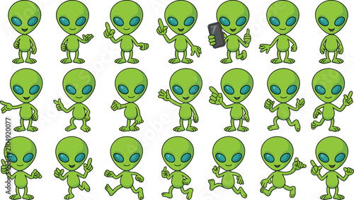 Fotografía Green cartoon alien character set showing multiple hand gestures poses and walking variations for sci-fi comic book illustration