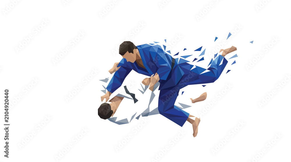 Fototapeta premium Low poly vector illustration of two professional judo athletes performing a dynamic martial arts throw