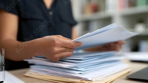 A person s hands sorting through a stack of documents on a desk in an office setting with blurred background shelves