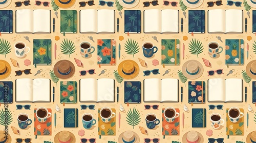 Tropical travel journal and summer vacation essentials seamless pattern