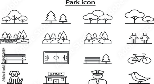 Bild auf Leinwand Flat design park icon set with green forest trees bicycle path and outdoor recre