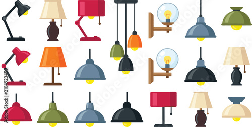 Foto Modern interior lamps and lighting fixtures collection set with table desk lamps