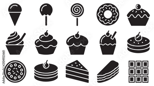 Foto Dessert collection icons featuring variety of cupcakes cakes and delicious sweet snacks