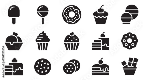 Desserts black silhouette icon set. sweet food vector collection with candy cake cookie.