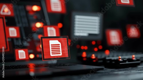 Warning icon on red screen laptop computer digital interface, alert symbol for cyber threat and security warning, dark technology risk concept