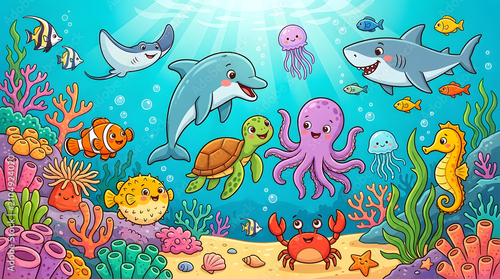 Obraz premium Vibrant Underwater Scene Featuring a Variety of Marine Life Including a Dolphin, Shark, Turtle, Octopus, and Seahorse Amongst Coral Reefs
