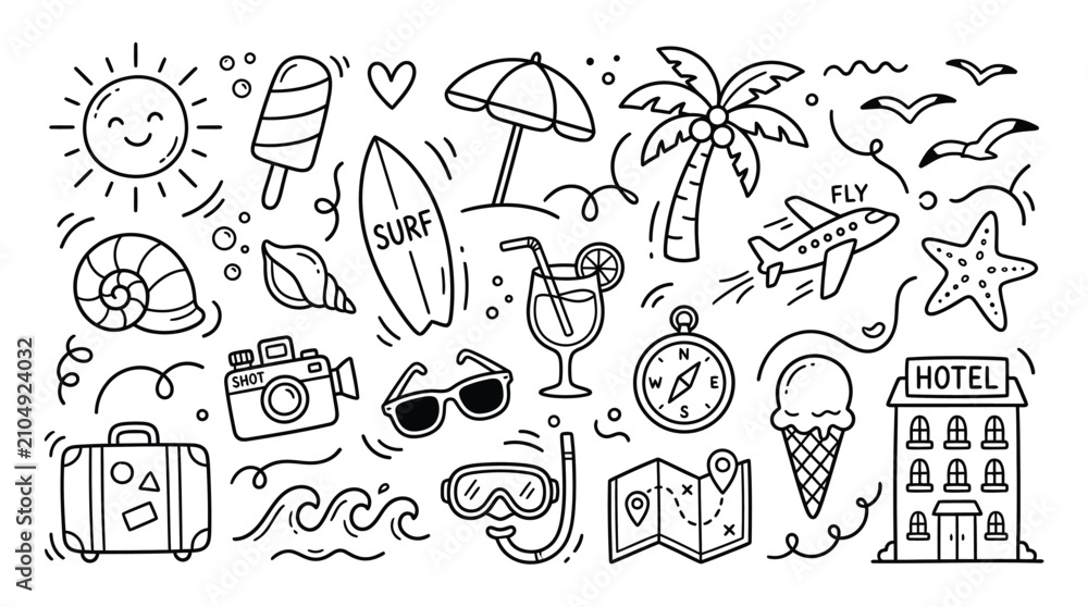 Fototapeta premium Collection of Hand Drawn Summer Vacation Icons and Travel Doodle Illustrations