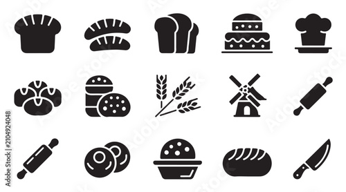 Tableau sur toile Essential baking icons including rolling pins bread loaves wheat stalks and windmill icons