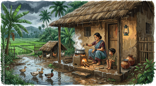 Quadro su tela South Asian Rural Village Scene with Indian Woman Cooking on Mud Stove Under Tha