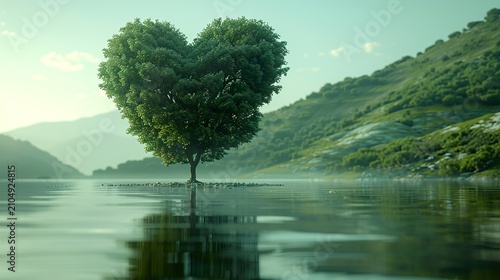 Beautiful Tree with Heart Shaped Leaves in Peaceful Green Field Landscape