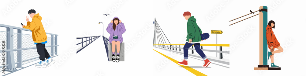 Fototapeta premium Collection of minimalist flat illustrations featuring diverse young people in casual hoodies posing and walking on bridges and urban structures.