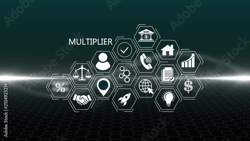 Business concept featuring multiplier text surrounded by hexagonal representing finance, communication, real estate, and strategy on a dark background, with glowing light effects
