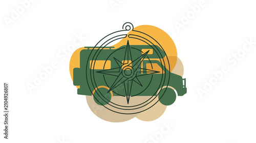 Photos Vintage Camper Van and Compass Icon - Adventure and Travel Concept