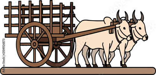 Fotografie Traditional Bullock Cart Pulled by Oxen Wooden Wagon Rural India Vector Illustra