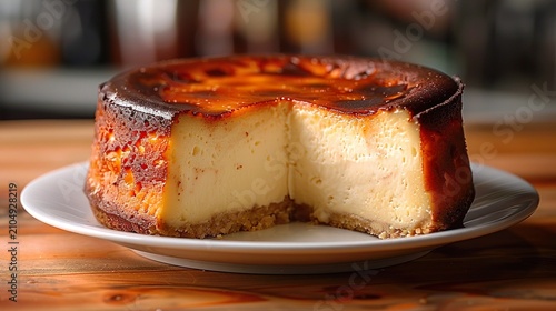 Creamy Basque Burnt Cheesecake on White Plate Freshly Baked Gourmet Dessert