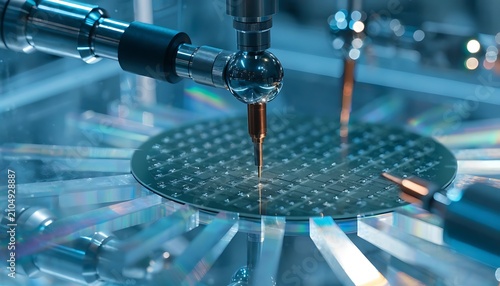 Semiconductor wafer fabrication in high-tech cleanroom. Precision microchip manufacturing with photolithography process.