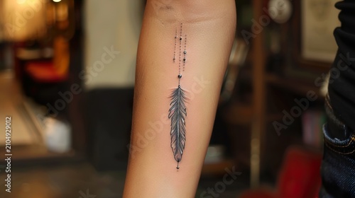 Minimal Black Feather Fine Line Tattoo on Inner Forearm Elegant Body Art Design