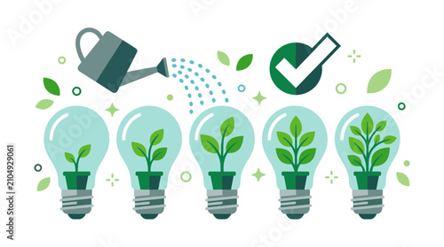 Fotografija Watering can nurturing plant seedlings in lightbulb containers.