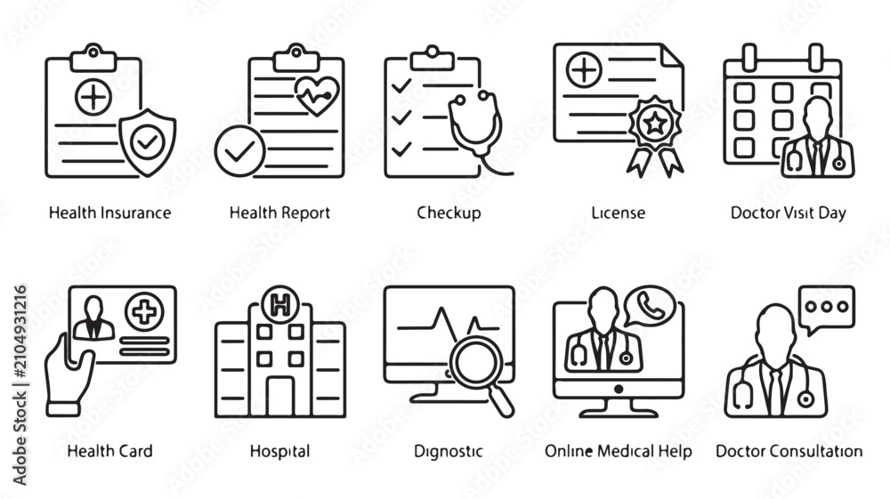 Fototapeta premium Medical line icons set, healthcare and hospital services vector collection, 10 black outline icons for health insurance and doctor consultation