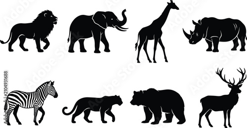 Photography Set of wild animal black silhouettes including safari and forest creatures isola