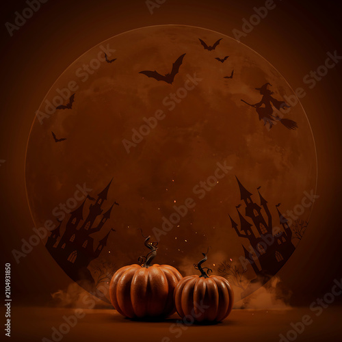 Two orange pumpkins sitting in front of a giant moon with spooky castle silhouettes and bats for halloween transparent background