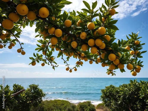 Lush lemon tree branches stretching towards the sea, local food culture, lemon tree