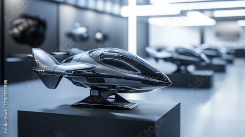 Spacecraft model sits on a black pedestal inside a modern gallery space with bright overhead lighting and other vehicles in the blurred background.