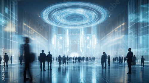 Silhouettes of people stand in a grand futuristic hall illuminated by a massive glowing circular portal that radiates blue light across the polished floor of the high-tech interior environment.