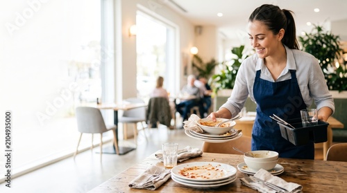 Smiling female waitress clearing dirty plates from restaurant table