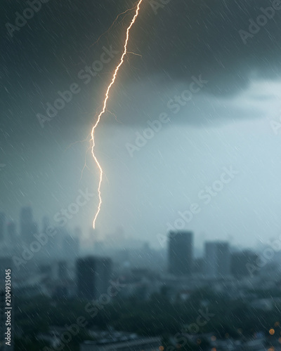 Storm rages over urban skyline. Bright lightning cuts through heavy rain. City buildings fade in misty gray. Dramatic sky conveys nature's power. Perfect for weather, disaster, or tension themes