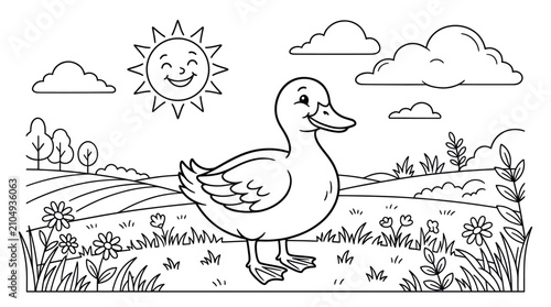 Konstfotografi Duck standing in farm meadow landscape coloring page