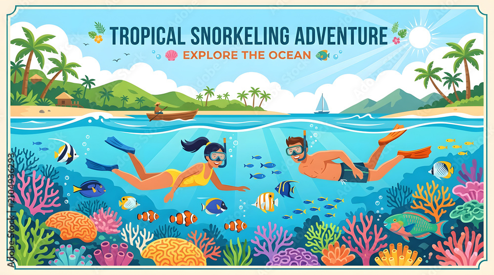 Naklejka premium Man and woman snorkeling in clear turquoise water with colorful coral reefs and tropical fish near a sunny island beach