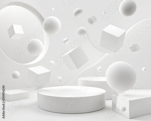 Abstract geometric shape sphere cube white floating podium, minimal studio background with soft shadow, curved arch, modern display scene