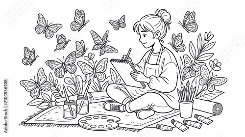 Obraz na płótnie Young girl artist drawing butterflies in outdoor garden setting.